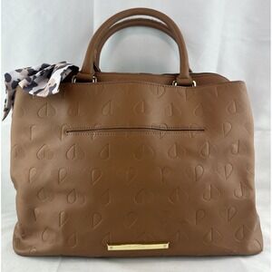Betsey Johnson Heart Embossed Brown Triple Compartment Large Satchel Purse Tote